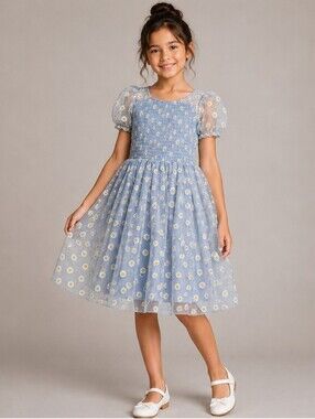 Girls Blue Daisy Mesh Puff Sleeve Dress Size 11-12Y